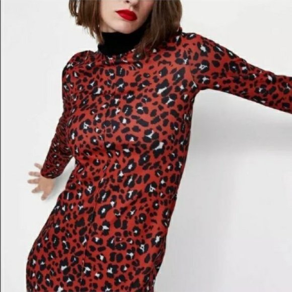 NWT Zara red animal print turtleneck dress - Midi - Picture 2 of 9